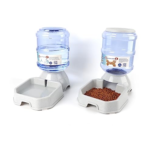 2 Pack Automatic Dog Cat Feeder and Water Dispenser ,Gravity Multi Pet Drinking Fountain , Set with Pet Food Bowl for Medium Dog Puppy Kitten, Big Capacity 1 Gallon x 2 (Waterer+Feeder)