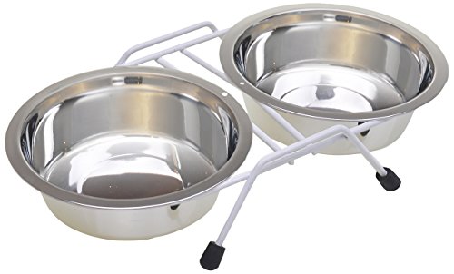 Van Ness Pets Raised Double Dish Feeder with Wire Rack For Cats And Small Dogs, with (2) 8 OZ Food And Water Bowls, 16-Ounce, Stainless Steel