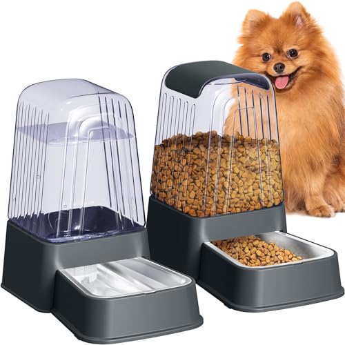 Hipidog Automatic Dog and Cat Food Feeder and Water Dispenser Set with Stainless Steel Bowls,Gravity Pet Food and Water Feeders,100% BPA-Free,Large Capacity for Cats Dogs Pets… (5L dark gray)