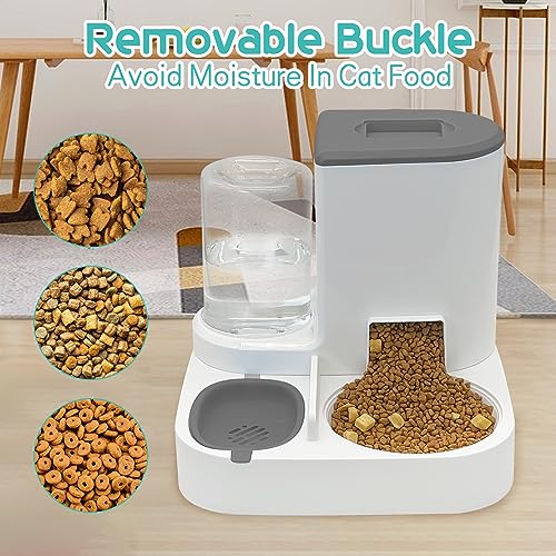 Fhiny Gravity Cat Feeder and Water Dispenser, 2 in 1 Automatic Pet Waterer Detachable Stainless Steel Food Bowls Set Pet Food Storage for Small Dog Puppy Cat Kitten Pet Easy Clean (Grey)
