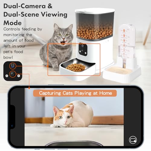 Abdtech Automatic Cat Feeder Dispenser: Pet Water Dispenser- Automatic Cat Feeder with 2 Camera - 5L Auto Dogs Feeder - Cat Food Bowl - Gravity Cat Feeder