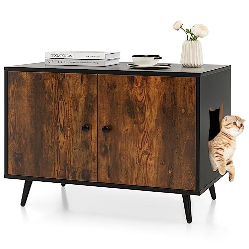 Tangkula Cat Litter Box Enclosure, Hidden Cat Washroom Cabinet with 2 Doors, Divider, Sturdy Metal Legs, Double Cat Litter Box Furniture Hidden for Kitty Large Cats (Rustic Brown)
