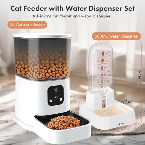 Abdtech Automatic Cat Feeder Dispenser: Pet Water Dispenser- Automatic Cat Feeder with 2 Camera - 5L Auto Dogs Feeder - Cat Food Bowl - Gravity Cat Feeder