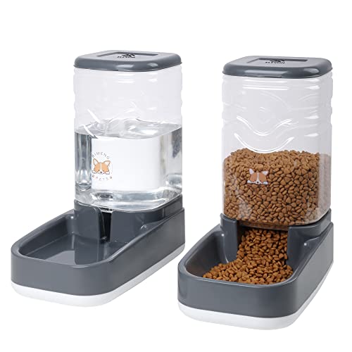 ELEVON Automatic Pet Feeder and Water Dispenser Set, Dog Cat Gravity Food and Water Dispenser Set with Pet Food Bowl, Automatic Cat Feeder for Small Large Pets Puppy Kitten Large Capacity(Grey,