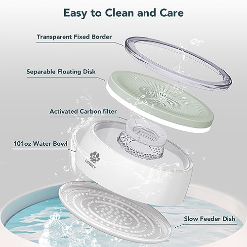 UPSKY 3L Dog Water Bowl 101oz Large No Spill Dog Bowl with Slow Feeder Mat, Splash Proof Pet Water Dispenser with Filters, Slow Drinking Bowl Vehicle Carried Travel Water Bowl for Dogs, Cats