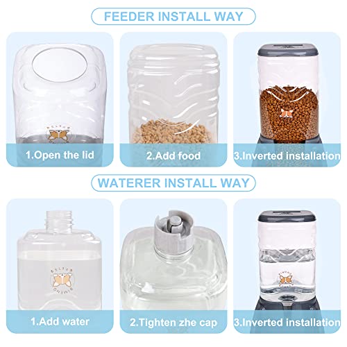 ELEVON Automatic Pet Feeder and Water Dispenser Set, Dog Cat Gravity Food and Water Dispenser Set with Pet Food Bowl, Automatic Cat Feeder for Small Large Pets Puppy Kitten Large Capacity(Grey,
