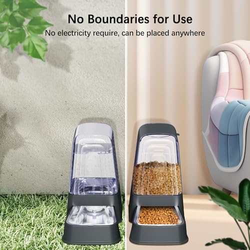 Hipidog Automatic Dog and Cat Food Feeder and Water Dispenser Set with Stainless Steel Bowls,Gravity Pet Food and Water Feeders,100% BPA-Free,Large Capacity for Cats Dogs Pets… (5L dark gray)