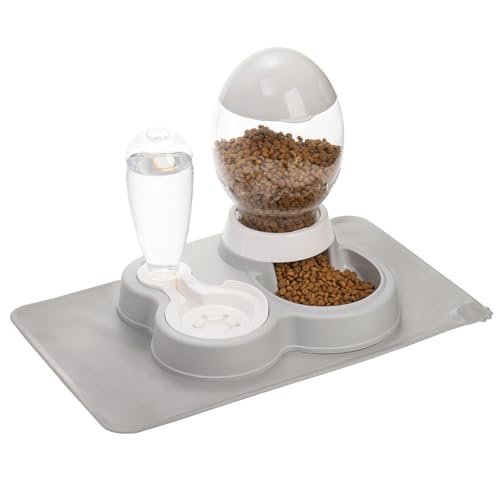 YOUEON Automatic Cat Feeder and Water Dispenser Set, 2 in 1 Gravity Pet Feeder and Waterer with Pet Food Mat, Cat Food and Water Bowl Set for Cats and Small Dogs Puppy, Grey