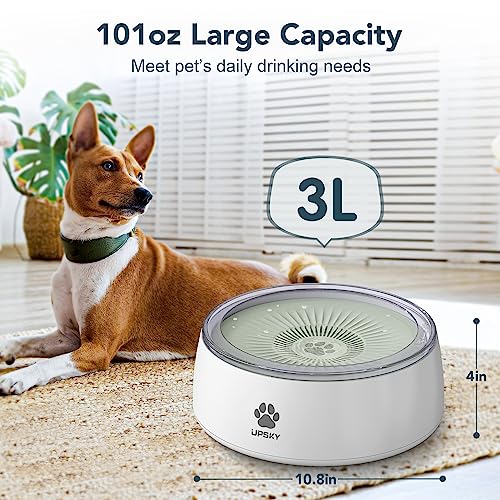 UPSKY 3L Dog Water Bowl 101oz Large No Spill Dog Bowl with Slow Feeder Mat, Splash Proof Pet Water Dispenser with Filters, Slow Drinking Bowl Vehicle Carried Travel Water Bowl for Dogs, Cats