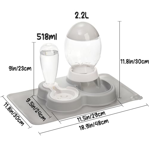 YOUEON Automatic Cat Feeder and Water Dispenser Set, 2 in 1 Gravity Pet Feeder and Waterer with Pet Food Mat, Cat Food and Water Bowl Set for Cats and Small Dogs Puppy, Grey