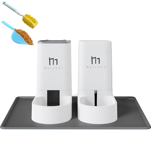 Marchul Cat Feeder and Water Dispenser Set with Silicone Mat, Automatic Cat Feeder 4.63lb, Gravity Automatic Water Dispenser 1 Gallon, Cat and Dog Feeders with Pet Food Scoop Sponge Bottle Brush