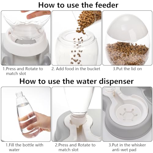 YOUEON Automatic Cat Feeder and Water Dispenser Set, 2 in 1 Gravity Pet Feeder and Waterer with Pet Food Mat, Cat Food and Water Bowl Set for Cats and Small Dogs Puppy, Grey