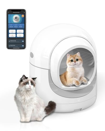 DISHUP Self-Cleaning Cat Litter Box, 85L Extra Large Automatic Cat Litter Box with APP Control, Safety Protection, Odor-Removal &Weight Monitoring, for Multiple Cats,White&Grey