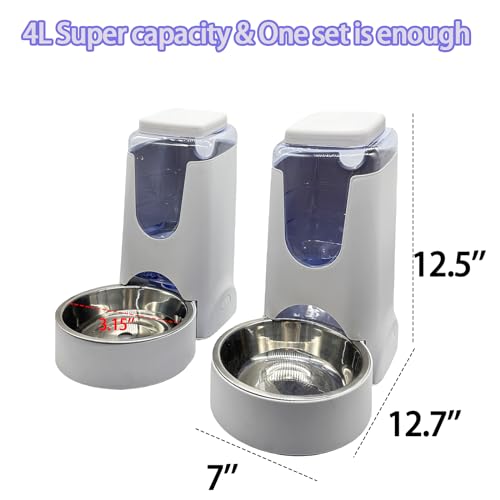 Pets Automatic Gravity Feeder Dogs 2.8L Food & 4L Water Dispenser Set with Stainless Steel Bowl for Small Medium Big Puppy Kitten(Light Gray)