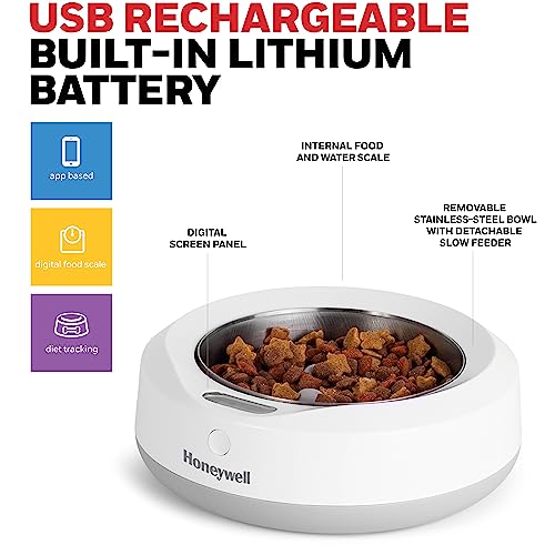 Honeywell Smart Pet Bowl with Built-in Food Scale and Removable Slow Feeder Insert, App-Based, WiFi Enabled, 2-Cup Capacity, USB Rechargeable, Ideal for Monitoring Pet's Eating Habits