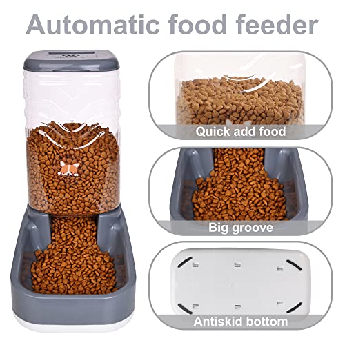 ELEVON Automatic Pet Feeder and Water Dispenser Set, Dog Cat Gravity Food and Water Dispenser Set with Pet Food Bowl, Automatic Cat Feeder for Small Large Pets Puppy Kitten Large Capacity(Grey,