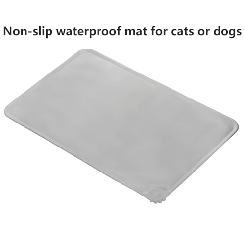 YOUEON Automatic Cat Feeder and Water Dispenser Set, 2 in 1 Gravity Pet Feeder and Waterer with Pet Food Mat, Cat Food and Water Bowl Set for Cats and Small Dogs Puppy, Grey
