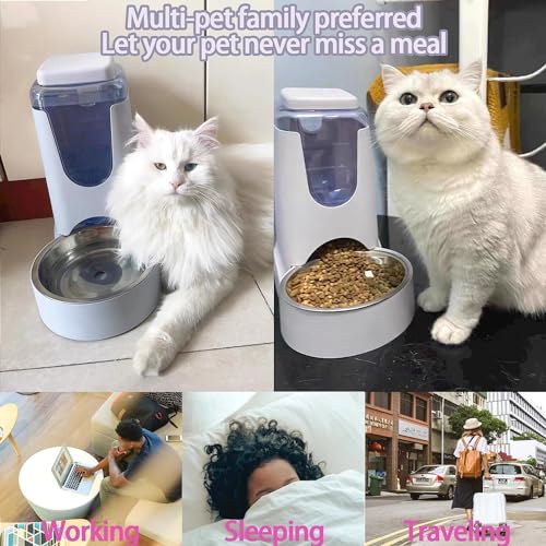 Pets Automatic Gravity Feeder Dogs 2.8L Food & 4L Water Dispenser Set with Stainless Steel Bowl for Small Medium Big Puppy Kitten(Light Gray)