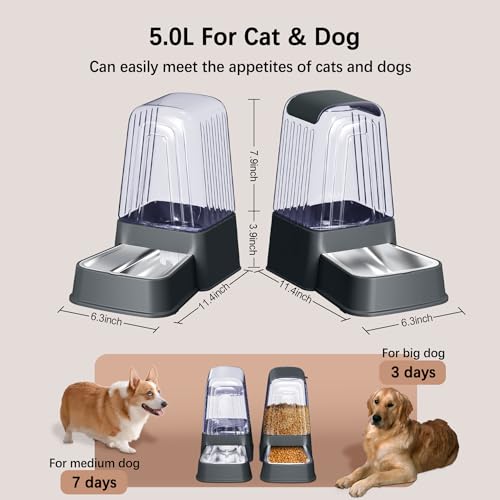 Hipidog Automatic Dog and Cat Food Feeder and Water Dispenser Set with Stainless Steel Bowls,Gravity Pet Food and Water Feeders,100% BPA-Free,Large Capacity for Cats Dogs Pets… (5L dark gray)