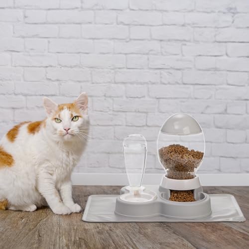 YOUEON Automatic Cat Feeder and Water Dispenser Set, 2 in 1 Gravity Pet Feeder and Waterer with Pet Food Mat, Cat Food and Water Bowl Set for Cats and Small Dogs Puppy, Grey