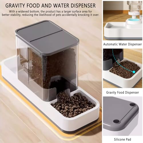 kathson Gravity Cat Food and Water Dispenser Automatic Dog Feeder Waterer 2 in 1 Auto Pet Food and Water Bowl Set Self Feeding for Puppy Kitten，Grey