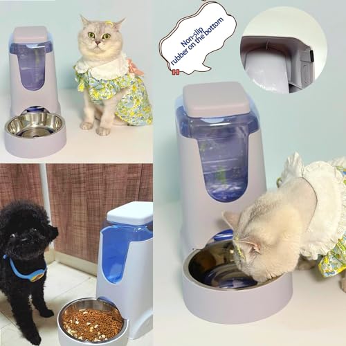 Pets Automatic Gravity Feeder Dogs 2.8L Food & 4L Water Dispenser Set with Stainless Steel Bowl for Small Medium Big Puppy Kitten(Light Gray)