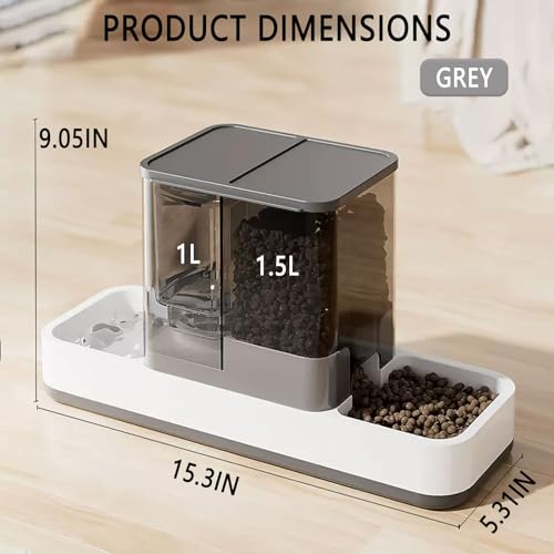 kathson Gravity Cat Food and Water Dispenser Automatic Dog Feeder Waterer 2 in 1 Auto Pet Food and Water Bowl Set Self Feeding for Puppy Kitten，Grey