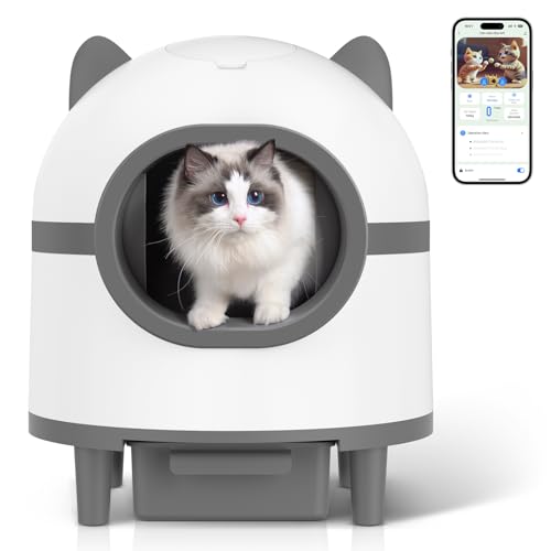 Amztoy Self Cleaning Cat Litter Box, Large Automatic Cat Litter Box for Multiple Cats with APP Control Odor Removal Safety Protection 2 Rolls Garbage Bags, White & Grey