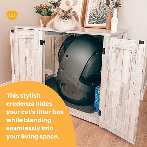 Whisker Litter-Robot Credenza with Litter Box Enclosure, Rustic White Plank Finish, 43.2” W x 28.1” D x 33.1” H, Stylish and Durable Hidden Cat Litter Box Furniture, Litter-Robot Not Included
