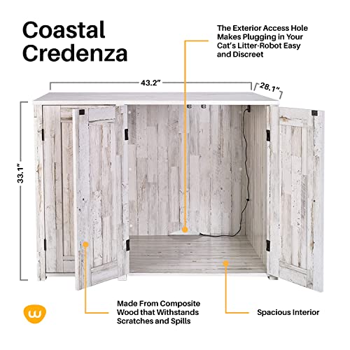 Whisker Litter-Robot Credenza with Litter Box Enclosure, Rustic White Plank Finish, 43.2” W x 28.1” D x 33.1” H, Stylish and Durable Hidden Cat Litter Box Furniture, Litter-Robot Not Included