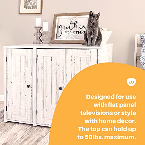 Whisker Litter-Robot Credenza with Litter Box Enclosure, Rustic White Plank Finish, 43.2” W x 28.1” D x 33.1” H, Stylish and Durable Hidden Cat Litter Box Furniture, Litter-Robot Not Included