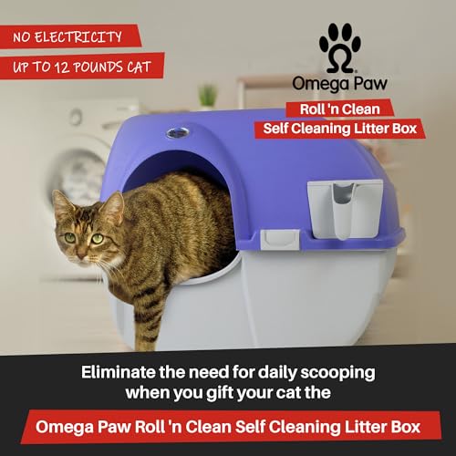 Omega Paw Roll 'n Clean Plastic Indoor Outdoor Automatic Self Cleaning Litter Box with Enclosed Lid for Regular Sized Cats up to 12 Pounds, Purple