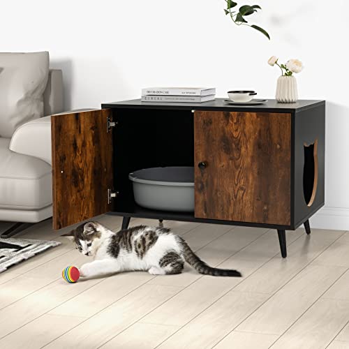Tangkula Cat Litter Box Enclosure, Hidden Cat Washroom Cabinet with 2 Doors, Divider, Sturdy Metal Legs, Double Cat Litter Box Furniture Hidden for Kitty Large Cats (Rustic Brown)