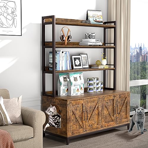Herture Large Cat Litter Box Enclosure for 2 Cats, Cat Litter Box Furniture Hidden Litter Box Furniture with Shelf, Wooden Cat Washroom Furniture, Cat House, Brown PG05MWN