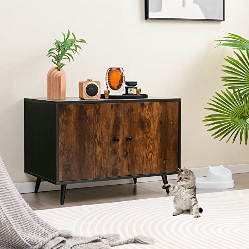 Tangkula Cat Litter Box Enclosure, Hidden Cat Washroom Cabinet with 2 Doors, Divider, Sturdy Metal Legs, Double Cat Litter Box Furniture Hidden for Kitty Large Cats (Rustic Brown)