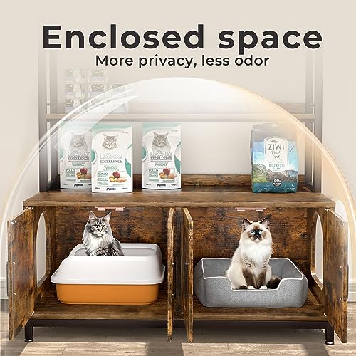 Herture Large Cat Litter Box Enclosure for 2 Cats, Cat Litter Box Furniture Hidden Litter Box Furniture with Shelf, Wooden Cat Washroom Furniture, Cat House, Brown PG05MWN