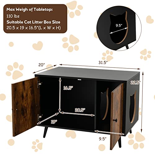 Tangkula Cat Litter Box Enclosure, Hidden Cat Washroom Cabinet with 2 Doors, Divider, Sturdy Metal Legs, Double Cat Litter Box Furniture Hidden for Kitty Large Cats (Rustic Brown)
