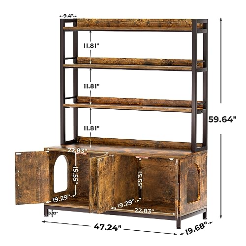 Herture Large Cat Litter Box Enclosure for 2 Cats, Cat Litter Box Furniture Hidden Litter Box Furniture with Shelf, Wooden Cat Washroom Furniture, Cat House, Brown PG05MWN
