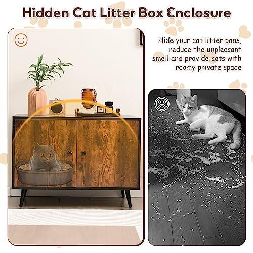 Tangkula Cat Litter Box Enclosure, Hidden Cat Washroom Cabinet with 2 Doors, Divider, Sturdy Metal Legs, Double Cat Litter Box Furniture Hidden for Kitty Large Cats (Rustic Brown)