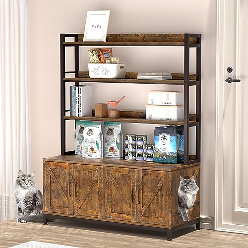 Herture Large Cat Litter Box Enclosure for 2 Cats, Cat Litter Box Furniture Hidden Litter Box Furniture with Shelf, Wooden Cat Washroom Furniture, Cat House, Brown PG05MWN