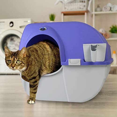 Omega Paw Roll 'n Clean Plastic Indoor Outdoor Automatic Self Cleaning Litter Box with Enclosed Lid for Regular Sized Cats up to 12 Pounds, Purple