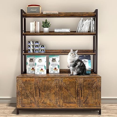 Herture Large Cat Litter Box Enclosure for 2 Cats, Cat Litter Box Furniture Hidden Litter Box Furniture with Shelf, Wooden Cat Washroom Furniture, Cat House, Brown PG05MWN