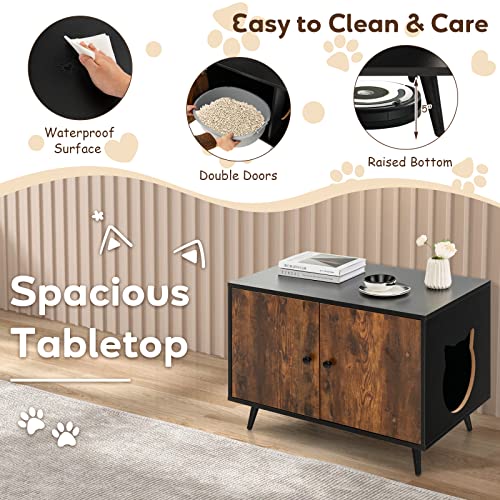 Tangkula Cat Litter Box Enclosure, Hidden Cat Washroom Cabinet with 2 Doors, Divider, Sturdy Metal Legs, Double Cat Litter Box Furniture Hidden for Kitty Large Cats (Rustic Brown)