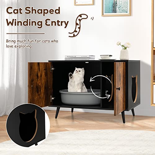 Tangkula Cat Litter Box Enclosure, Hidden Cat Washroom Cabinet with 2 Doors, Divider, Sturdy Metal Legs, Double Cat Litter Box Furniture Hidden for Kitty Large Cats (Rustic Brown)