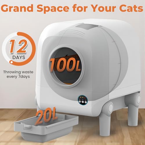 Self Cleaning Cat Litter Box, 120L X-Larger Automatic Cat Litter Box, with Air Vent System, 10 Safety Sensors Anti Pinch Design, Suitable for Multi-Cats, with Long Exhaust Duct and App Control.
