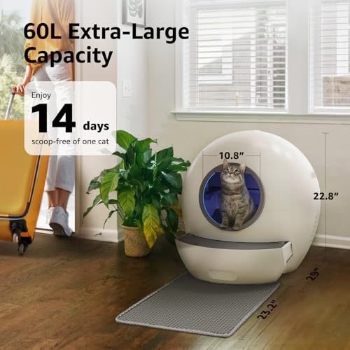 Self Cleaning Cat Litter Box, Upgraded Automatic Cat Litter Box Self Cleaning for Multi Cats, 60L Smart Litter Box with Mat Safety Protection/Odor Removal 1-Year Machine KungFuPet W-arranty
