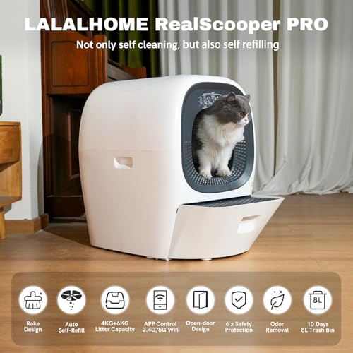 LALAHOME Auto Self-Refill Cat Litter Box Pro* Automatic Cat Litter Box Self Cleaning Litter Box for Multiple Cats, Odor-Removal/App Control/Safety Protection, Robotic Smart Kitty Litter Box Open-Top