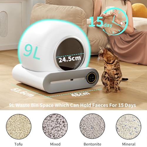 Automatic Cat Litter Box Self Cleaning Scooping-Free Litter Box Robot with 65+9L Capacity/Sensor Safety/App Control for Multiple Cats