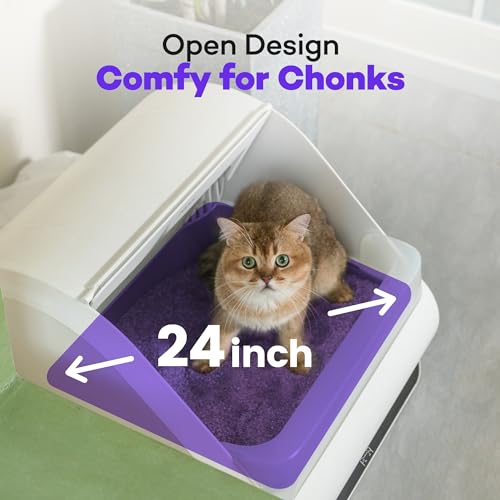 Popur X5 Self-Cleaning Cat Litter Box - Unique Split System, Open Top, 30-Day Capacity - Automatic Litter Scooping Robot, Odor-Seal Disposable Cardboard Bin, 24 Inch Tray, 33 lbs. Load, 99% Leakproof
