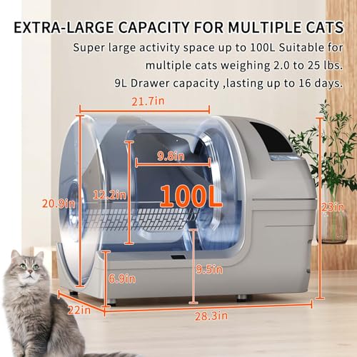 Dakeres Automatic Cat Litter Box Self Cleaning 100L Extra Large Cat Litter Box with APP Control(2.4G/5G Wi-Fi) & Safe Alert & Smart Health Monitor, Odor Removal Litter Box for Multiple Cats, Grey